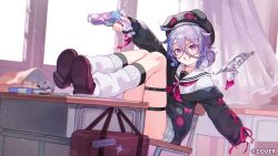  1girl :d absurdres black_cardigan cardigan chair classroom commentary english_commentary glasses grin guest_art gun hair_between_eyes highres holding holding_gun holding_weapon hololive hololive_english indoors jewel_under_eye koseki_bijou long_hair_between_eyes looking_at_viewer metal_wings miniskirt namiorii neckerchief official_alternate_costume official_alternate_hairstyle on_chair pebble_(koseki_bijou) pleated_skirt ponytail purple_hair purple_neckerchief round_eyewear school_uniform serafuku shirt short_hair sitting skirt smile solo violet_eyes virtual_youtuber weapon white_serafuku white_shirt white_skirt 