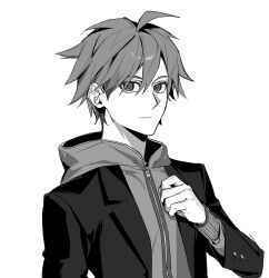  1boy ahoge buttons clenched_hand closed_mouth collared_jacket commentary_request commission danganronpa:_trigger_happy_havoc danganronpa_(series) eyes_visible_through_hair greyscale hair_between_eyes hand_on_own_chest happy highres hood hooded_jacket jacket korean_commentary lapels layered_sleeves long_sleeves looking_at_viewer messy_hair monochrome naegi_makoto notched_lapels open_clothes open_jacket pointy_nose saman_zero7 short_hair simple_background smile solo upper_body white_background zipper zipper_pull_tab 
