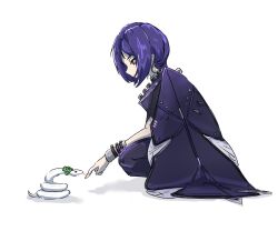 1girl boots chalky_(zenless_zone_zero) cloak commentary_request crescent crescent_earrings earrings from_side jewelry long_hair promeia_(zenless_zone_zero) purple_boots purple_cloak purple_hair ryu5502 simple_background snake squatting thigh_boots violet_eyes white_background white_snake zenless_zone_zero 