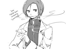  1boy anpolly cigarette coat commentary_request greyscale hair_between_eyes hand_up high_collar holding holding_cigarette korean_text lab_coat lapels long_sleeves looking_to_the_side male_focus medic_(sekaiju) medic_3_(sekaiju) monochrome open_clothes open_coat sekaiju_no_meikyuu sekaiju_no_meikyuu_4 short_hair side_part simple_background smoking solo translation_request upper_body white_background 