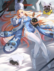  1girl absurdres bangboo_(zenless_zone_zero) blonde_hair blue_dress blush boots breasts character_request closed_mouth commentary_request covered_navel dress eous_(zenless_zone_zero) full_body gloves grey_boots hair_spread_out hat high_heels highres kafeifeifeifeifeifei_jiemo_jun legs long_hair long_sleeves medium_breasts multicolored_dress norma_hollowell rocketboo_(zenless_zone_zero) shako_cap thigh-highs thighs two-tone_dress violet_eyes white_dress white_gloves white_thighhighs zenless_zone_zero 