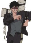  1boy arms_up black_eyes black_hair black_jacket black_pants cigarette collared_shirt cowboy_shot cross grey_shirt highres jacket long_sleeves male_focus nicholas_d._wolfwood open_mouth pants sakanaokashi shirt short_hair simple_background sketch smile solo standing sunglasses trigun trigun_stampede white_background 