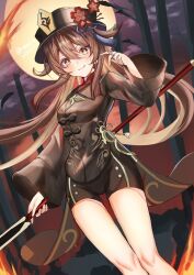  1girl :q alternate_eye_color bad_id bad_twitter_id bare_tree black_hat blush breasts brown_eyes brown_hair brown_halo brown_shorts closed_mouth clouds cloudy_sky collared_shirt cowboy_shot double-parted_bangs dutch_angle full_moon genshin_impact grey_sky hair_between_eyes halo hat high-waist_shorts high_collar highres holding holding_polearm holding_weapon hu_tao_(genshin_impact) jewelry long_sleeves looking_at_viewer medium_breasts moon multiple_rings outdoors polearm purple_sky red_shirt ring riza_(tomoriza_25252) shirt short_shorts shorts sky smile solo standing thigh_gap tongue tongue_out tree weapon wide_sleeves 