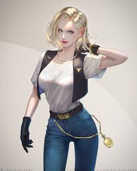  1girl android_18 bead_necklace beads black_gloves black_vest blonde_hair blue_eyes closed_mouth cyborg denim dragon_ball dragon_ball_z earrings gloves hand_in_own_hair highres jeans jewelry kuririn lips looking_at_viewer medium_hair necklace pants red_lips short_sleeves simple_background smile vest wandzardeen web_address 