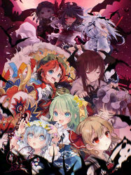  6+girls :d bat_(animal) between_fingers blonde_hair blue_eyes blue_hair braid brown_hair cirno commentary_request crystal_wings daiyousei demon_girl demon_wings embodiment_of_scarlet_devil embodiment_of_scarlet_devil_new_classic expressionless flandre_scarlet flower full_moon glowing glowing_eyes green_hair green_hat hair_ribbon hat head_wings head_wreath highres holding holding_knife hong_meiling izayoi_sakuya knife knives_between_fingers koakuma mob_cap moon multiple_girls open_mouth parted_lips patchouli_knowledge purple_hair purple_hat red_eyes red_ribbon red_sky remilia_scarlet ribbon rumia sky smile star_(sky) touhou toutenkou wings 