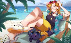  1girl absurdres beach black_shirt blonde_hair blue_shirt commentary crocs crossed_legs dokibird dokibird_(summer) dragoon_(dokibird) eyewear_on_head fang green_eyes hawaiian_shirt highres indie_virtual_youtuber jewelry legs long_hair looking_at_viewer male_swimwear miko_png necklace pointy_ears ponytail red-tinted_eyewear shirt skin_fang smile solo sunglasses swim_trunks tinted_eyewear virtual_youtuber yellow_swim_trunks 