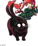  1girl absurdres black_cat blunt_bangs bow braid cat cat_tail commentary english_commentary green_bow highres kaenbyou_rin kaenbyou_rin_(cat) long_sleeves multiple_tails profitshame red_eyes redhead side_braids simple_background tail touhou twin_braids two_tails white_background 