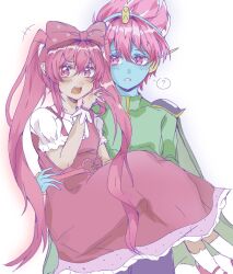  1boy 1girl ? blue_skin blush bow cape captain_spaceboy colored_skin commentary dark-skinned_female dark_skin double-parted_bangs dress green_cape hair_between_eyes hair_bow long_sleeves looking_at_another looking_at_viewer omori open_mouth parted_lips pink_bow pink_dress pink_hair polka_dot polka_dot_bow puffy_short_sleeves puffy_sleeves short_hair short_sleeves sidelocks simple_background speech_bubble spoken_question_mark sweetheart_(omori) white_background xanyu2334ouo 