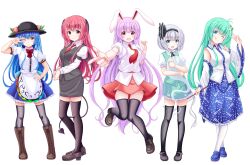  5girls absurdres animal_ears arm_up bare_shoulders belt black_bow black_bowtie black_hairband black_hat black_thighhighs blue_hair blush bow bowtie breasts buttons closed_mouth collared_shirt commentary_request demon_wings detached_sleeves fingernails food frills frog_hair_ornament fruit ghost ghost_print green_eyes green_hair green_skirt green_vest grey_hair grey_skirt grey_vest hair_between_eyes hair_ornament hair_tubes hairband hand_on_own_hip hand_up hands_up hat head_wings highres hinanawi_tenshi hitodama hug koakuma kochiya_sanae konpaku_youmu konpaku_youmu_(ghost) leaf long_hair long_sleeves looking_at_viewer looking_to_the_side looking_up medium_breasts multiple_girls necktie one_eye_closed open_mouth peach pink_belt pink_eyes pink_hair pink_skirt pointing pointy_ears puffy_short_sleeves puffy_sleeves purple_hair rabbit_ears red_bow red_bowtie red_eyes red_necktie reimei_(r758120518) reisen_udongein_inaba shirt short_hair short_sleeves simple_background skirt smile snake_hair_ornament standing teeth thigh-highs tongue tongue_out touhou v vest white_background white_shirt wide_sleeves wings 