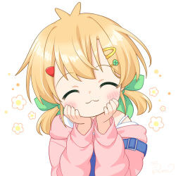  1girl antenna_hair blonde_hair blue_overalls bow child closed_eyes commentary_request facing_viewer flower green_bow hair_bow hair_ornament hairclip hands_on_own_cheeks hands_on_own_face hao_(pila-pela) happy_aura hood hood_down hoodie low_twintails original overalls pila-pela pink_hoodie simple_background solo twintails upper_body white_background 