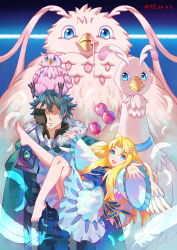  1boy 1girl :d age_comparison ahoge animal_on_head arm_shield armor barefoot belt belted_jacket bird bird_girl bird_wings black_armor black_belt black_hair black_shirt blonde_hair blue_bow blue_dress blue_eyes bow brown_armor brown_jacket chest_bow cloak closed_mouth commentary_request cropped_jacket curtained_hair dress drooling facepalm feathered_wings feathers filo_(filolial_form)_(tate_no_yuusha_no_nariagari) filo_(tate_no_yuusha_no_nariagari) filolial fingerless_gauntlets floating frilled_dress frilled_sleeves frills frown fur-trimmed_jacket fur_trim gauntlets gradient_background green_cloak green_pants hair_ornament hairclip hand_up highres iwatani_naofumi jacket leather leather_armor leather_jacket leg_up legendary_shield_(small_shield)_(tate_no_yuusha_no_nariagari) legendary_shield_(tate_no_yuusha_no_nariagari) long_hair long_sidelocks long_sleeves looking_at_another looking_at_viewer medium_dress messy_hair no_eyes on_head open_mouth outstretched_arms pants shirt short_hair shui_qian_he_kafei sidelocks smile spread_arms straight-on tate_no_yuusha_no_nariagari teeth time_paradox toes two-tone_dress upper_teeth_only white_dress white_feathers white_fur white_wings wing_hair_ornament wings yellow_trim 
