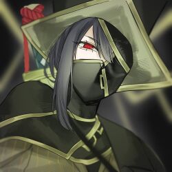  1girl black_hair brown_suit half_mask hat haute_couture::le_noir_footwear_hall_(identity)_(project_moon) katana limbus_company long_hair looking_at_viewer looking_down mask mouth_mask project_moon red_eyes ryoshu_(project_moon) striped_clothes suit sword un_113 weapon weapon_on_back 