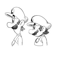  2boys brothers facial_hair from_side greyscale hat highres luigi mari_luijiroh mario masanori_sato_(style) monochrome multiple_boys mustache overalls short_hair siblings simple_background super_mario_bros. 