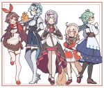  5girls :d adapted_costume ahoge amber_(genshin_impact) animal_ears ascot black_dress black_pantyhose black_thighhighs blonde_hair blue_hair blue_skirt blush boots bow braid broom brown_corset brown_eyes brown_hair corset dodoco_(genshin_impact) dress eula_(genshin_impact) floppy_ears food genshin_impact glasses green_eyes green_hair grey_hair hair_bow high_heels holding holding_broom klee_(genshin_impact) low_ponytail low_twintails maid_day maid_headdress multiple_girls noelle_(genshin_impact) open_mouth pancake pancake_stack pantyhose red_ascot red_bow red_dress red_eyes red_footwear shoes skirt smile sucrose_(genshin_impact) thigh-highs thigh_boots twintails vision_(genshin_impact) waa_(wawawaa1005) white_dress white_footwear white_thighhighs yellow_eyes 