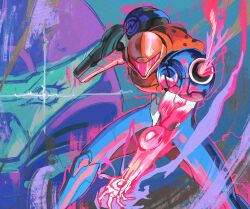  1girl absurdres arm_cannon armor assault_visor aura blue_bodysuit bodysuit helmet highres metroid metroid_suit multicolored_bodysuit power_armor power_suit_(metroid) samus_aran science_fiction skin_tight solo trope_art two-tone_armor varia_suit weapon 