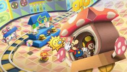  1girl 3boys arm_up arrow_(symbol) blue_overalls blush_stickers brown_hair brown_shoes facial_hair gloves hat highres maribou_(supermaribou) mario multiple_boys mustache open_mouth overalls paper_mario_(character) paper_mario_(series) paper_mario_64 railroad_tracks red_hat red_shirt save_block shirt shoes shy_guy smile solid_oval_eyes spring_(object) super_mario_bros. tile_floor tiles toad_(mario) train watt_(paper_mario) white_gloves winding_key 