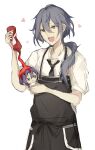  1boy absurdres apron ayase_mayoi black_apron black_necktie blue_eyes collared_shirt ensemble_stars! grey_hair heart highres ketchup_bottle long_hair low_side_ponytail male_focus necktie shiina_niki shirt short_sleeves shui_miao sketch solo sparkling_eyes stuffed_toy white_shirt 