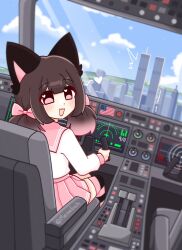  1girl 9/11 :3 :d airplane_interior american_flag animal_ears artist_name blue_sky brown_hair cat_ears commentary day english_commentary heart highres indie_virtual_youtuber light_blush looking_at_viewer looking_back medium_hair meowbah meowbahh_(vtuber) pink_eyes pink_sailor_collar pink_skirt sailor_collar school_uniform shirt sidelocks sitting skirt sky smile solo striped_clothes striped_thighhighs thigh-highs twitter_username white_shirt world_trade_center 