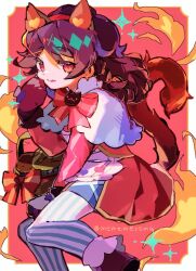  1boy :q ander_(puyopuyo) ander_(un-matched_cute_kitty)_(puyopuyo) animal_ears animal_hands apron black_gloves black_hair blue_thighhighs border bow bowtie braid brown_shoes capelet cat_boy cat_ears cat_tail closed_mouth commentary crossdressing crossdressing_(mtf) dress fire gloves hair_ornament hairband hand_on_own_leg hand_up heart highres invisible_chair kemonomimi_mode long_hair looking_at_viewer male_focus merumerumerume outside_border paw_gloves picnic_basket puyopuyo puyopuyo_quest red_background red_bow red_bowtie red_dress red_eyes red_hairband shoes side_braid sideways_glance sitting smile solo striped_clothes striped_thighhighs tail thigh-highs tongue tongue_out trap twitter_username vertical-striped_clothes vertical-striped_thighhighs white_apron white_border white_capelet x_hair_ornament 