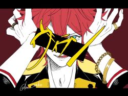  1boy :d adam's_apple aegyo_sal amagi_rinne blue_eyes bracelet chain chain_bracelet commentary_request covering_own_ears derivative_work dorsiflexion_(wrist) double-parted_bangs ensemble_stars! facial_mark flat_color gold_bracelet gold_ring hands_up highres index_ring jewelry kujirakko letterboxed licking_lips long_hair looking_at_viewer male_focus mark_under_eye multiple_bracelets multiple_rings one_eye_covered open_mouth parody portrait red_background red_hair ring simple_background smile solo song_name straight-on teardrop_facial_mark teeth three-quarter_sleeves tongue tongue_out translation_request twitter_username v-shaped_eyebrows variant_set very_long_hair villain_(vocaloid) 