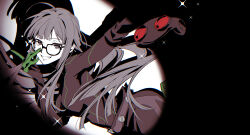  1girl black_bodysuit bodysuit commentary cowboy_shot doran_(doran7280) glasses gloves green_gloves greyscale grin highres long_hair looking_at_viewer mask megami_tensei monochrome official_alternate_costume oracle_(persona_5) persona persona_5 sakura_futaba silhouette smile solo spot_color spotlight unworn_mask white_background 