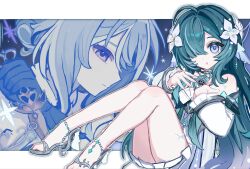  2girls :o ahoge bare_shoulders blue_eyes blue_gloves blue_hair border choker closed_mouth dagger detached_sleeves dress fins frilled_choker frills from_side full_body fur_collar genshin_impact gloves green_hair grey_choker grey_shoes hair_bun hair_over_one_eye hairband hand_up hands_up head_fins high_heels highres holding holding_dagger holding_knife holding_weapon jewelry knife long_hair long_sleeves looking_at_viewer multicolored_hair multiple_girls necklace odette_(genshin_impact) open_mouth outside_border pearl_hair_ornament puffy_detached_sleeves puffy_long_sleeves puffy_sleeves shoes short_hair sidelocks sitting sleeveless sleeveless_dress streaked_hair very_long_hair violet_eyes vodyanitsa_(genshin_impact) wavy_hair weapon white_border white_dress white_hair white_hairband white_sleeves xcmib 