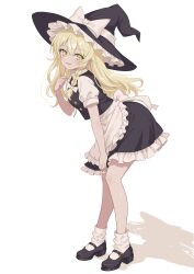  1girl absurdres apron back_bow black_hat black_shoes black_skirt black_vest blonde_hair blush bow braid commentary_request frilled_skirt frills full_body hair_bow hat hat_bow highres kirisame_marisa leaning_forward long_hair long_sleeves looking_at_another mary_janes open_mouth puffy_short_sleeves puffy_sleeves shadow shoes short_sleeves side_braid simple_background single_braid skirt smile socks solo tinatama touhou vest waist_apron white_apron white_bow white_socks witch_hat yellow_eyes 