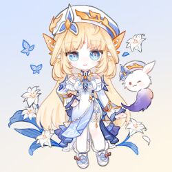  1girl bare_shoulders blonde_hair blue_background blue_eyes blush breasts chibi chibi_only commentary cross-shaped_pupils detached_sleeves dodoco_(genshin_impact) dress flower full_body genshin_impact gradient_background hand_on_own_hip hat highres long_hair long_sleeves looking_at_viewer mysticstarsjp nicole_(genshin_impact) pantyhose parted_lips shoes sleeveless sleeveless_dress solo standing symbol-shaped_pupils untranslatable_commentary very_long_hair white_background white_dress white_flower white_hat white_pantyhose white_sleeves 