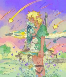  1boy archaic_set_(zelda) blonde_hair blue_eyes building commentary dagger earrings english_commentary facing_to_the_side feet_out_of_frame flower foliage grass highres holding holding_dagger holding_flower holding_knife holding_weapon jewelry knife light_dragon_(zelda) link mechanical_arms outdoors pointy_ears profile shooting_star silent_princess single_earring single_mechanical_arm smelling smelling_flower the_legend_of_zelda the_legend_of_zelda:_tears_of_the_kingdom tree ufotomorrow weapon 