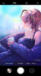  1girl absurdres ahoge bare_shoulders blonde_hair blue_overalls blush camera cityscape coach commentary cup dooby dooby_(1st_costume) english_commentary green_eyes highres holding holding_cup hot_chocolate indie_virtual_youtuber looking_to_the_side morted_art multicolored_hair open_mouth overalls phone sitting solo steam streaked_hair virtual_youtuber whistle 