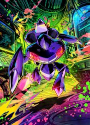  cable claws full_body game_asset genesect indoors monitor no_humans official_art pokemon pokemon_(creature) pokemon_focus pokemon_tcg pokemon_tcg_pocket running shadow solo teeth third-party_source yasukuni_kazumasa 