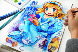  bird blonde_hair blue_dress blue_eyes bug butterfly castle cinderella_(disney_character) cinderella_(disney_movie) cinderella_(fairy_tale) colored_pencil_(medium) disney dress fairy_tail glass_slipper hair_ornament mouse_(animal) nashi_juni painting_(medium) pumpkin traditional_media watercolor_(medium) 
