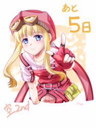  1girl artist_name belt_pouch beret blonde_hair blue_eyes border child closed_mouth commentary_request countdown countdown_illustration eiyuu_densetsu fingerless_gloves floating_hair gloves goggles goggles_on_head hat long_hair long_sidelocks looking_at_viewer orange_background outside_border overalls pink_hat pink_overalls pointing pointing_at_viewer pouch red_gloves short_sleeves sidelocks signature simple_background smile solo sora_no_kiseki tita_russell upper_body white_border xiacheng_tatsuya 