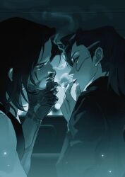  1boy 1girl 9022fr cigarette commentary cyberpunk cyberpunk_(series) cyberpunk_2077 english_commentary highres holding holding_cigarette johnny_silverhand mechanical_arms single_mechanical_arm smoking upper_body v_(cyberpunk) valerie_(cyberpunk) 