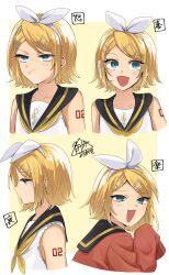 1girl :t angry annoyed black_sailor_collar blonde_hair blue_eyes bow breasts cardigan commentary_request hair_bow hair_ornament hairclip happy headphones headset highres kagamine_rin looking_to_the_side neckerchief number_tattoo open_mouth parallel_hairclips pout profile red_cardigan sad sailor_collar shirt short_hair sleeveless sleeveless_shirt sleeves_past_fingers sleeves_past_wrists small_breasts sumisu_miaki tattoo treble_clef upper_body vocaloid white_bow white_shirt yellow_neckerchief yellow_trim 