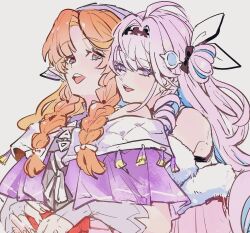  2girls :d ahoge aqua_eyes bare_shoulders behind_another black_bow blue_eyes blue_streaks bow braid braided_sidelocks bridal_gauntlets bright_pupils chin_on_another's_shoulder colored_inner_hair commentary_request curtained_hair denia_(wuthering_waves) detached_sleeves drill_hair drill_sidelocks front-to-back fur-trimmed_sleeves fur_trim gloves grey_background hair_bow hair_intakes hair_ornament head_on_another's_shoulder headscarf hug hug_from_behind jacket kmitty long_hair long_sidelocks looking_at_viewer multicolored_eyes multicolored_hair multiple_girls off-shoulder_jacket off_shoulder one_side_up open_mouth orange_hair paper_doll_chain pink_hair pink_sleeves pointy_ears purple_jacket quilted_clothes red_eyes red_gloves sidelocks sigrika_(wuthering_waves) simple_background smile streaked_hair triangle two-tone_eyes two-tone_hair violet_eyes white_bow white_bridal_gauntlets white_headscarf wuthering_waves yellow_pupils 