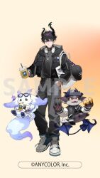  1boy 2others :d aqua_eyes asymmetrical_horns badge bag bag_charm baseball_cap belt belt_buckle black_belt black_hair black_hat black_horns black_sclera breast_pocket buckle button_badge character_bag character_charm charm_(object) chibikemo claws closed_mouth clothed_creature colored_sclera copyright_notice creature cup debidebi_debiru demon demon_horns demon_wings disposable_cup doughnut drinking earrings eyewear_on_head fire floating food full_body gradient_background green_shoes grey_pants grey_shirt hair_between_eyes hand_in_pocket hat headphones headphones_around_neck holding holding_cup holding_food hood hood_down hooded_jacket hoodie horns jacket jewelry letterman_jacket long_sleeves looking_at_viewer lunlun_(nijisanji) male_focus multicolored_shoes multiple_earrings multiple_others nijisanji nijisanji_en no_pupils official_art open_clothes open_jacket orange_background pants pocket pointy_ears purple_fire ren_zotto sakusya2honda sample_watermark shirt shoes short_hair shoulder_bag smile sneakers standing streetwear stud_earrings tote_bag turtleneck turtleneck_shirt two-tone_shoes uneven_horns unworn_hat unworn_headwear virtual_youtuber watermark white_background white_bag white_hoodie white_shoes wings yellow_eyes zipper zipper_pull_tab 