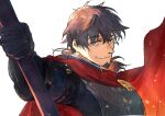  1boy brown_eyes brown_hair cape durindana_(fate) facial_hair fate/grand_order fate_(series) gauntlets gloves goatee hector_(fate) looking_at_viewer male_focus mature_male polearm short_hair simple_background single_gauntlet smile solo spear tumikilondon5 upper_body weapon white_background 