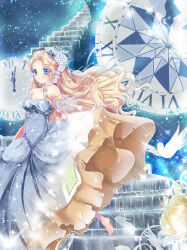  ayasal bad_source bird blonde_hair blue_dress blue_eyes cinderella_(fairy_tale) clock dress glass_slipper hair_ornament highres shoes single_shoe stairs transformation 