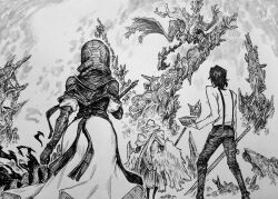  1girl 1other 2boys absurdres bleach book character_request check_character chronozbergh elden_ring elden_ring_nightreign guardian_(elden_ring) halberd highres holding holding_book holding_mace holding_polearm holding_shield holding_sword holding_weapon mace multiple_boys polearm shield sword tagme traitorous_straghess_(elden_ring) tsukishima_shuukurou undertaker_(elden_ring) weapon 