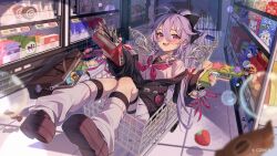  1girl :d black_cardigan cardigan commentary english_commentary food guest_art gun hair_between_eyes highres holding holding_gun holding_weapon hololive hololive_english in_shopping_cart indoors jewel_under_eye koseki_bijou kuri_(animejpholic) long_hair long_hair_between_eyes looking_at_viewer metal_wings miniskirt neckerchief official_alternate_costume official_alternate_hairstyle open_mouth pleated_skirt pocky ponytail purple_hair purple_neckerchief school_uniform serafuku shirt shopping_cart sitting skirt smile solo violet_eyes virtual_youtuber weapon white_shirt white_skirt 