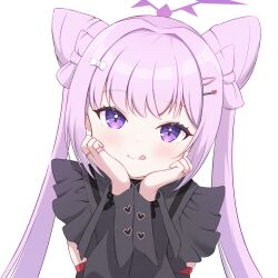  1girl :3 :q bandaid bandaid_on_finger bandaid_on_hand black_shirt blue_archive blush bow bow-shaped_hair closed_mouth commentary cone_hair_bun detached_sleeves double_bun eyelashes frilled_shirt frills hair_between_eyes hair_bow hair_bun hair_ornament hairclip halo hands_on_own_cheeks hands_on_own_face hands_up heart heart_hair_ornament highres jewelry jirai_kei karen_(blue_archive) kemuri0903 long_hair long_sleeves looking_at_viewer multiple_rings parallel_hairclips purple_hair purple_halo ring shirt sidelocks sleeveless sleeveless_shirt slit_pupils smile solo tongue tongue_out twintails upper_body violet_eyes white_bow 