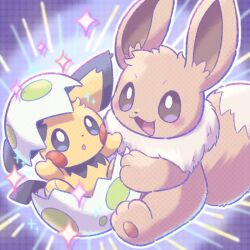 :3 :d :o black_eyes blush bright_pupils brown_eyes ci_spl commentary eevee egg eggshell eggshell_hat emphasis_lines english_commentary hatching hug looking_at_another no_humans open_mouth outline pichu pokemon pokemon_(creature) pokemon_egg pokemon_focus purple_background smile sparkle white_outline white_pupils 