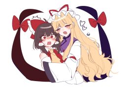  2girls absurdres ascot blonde_hair blush bow brown_hair commentary detached_sleeves dress english_commentary frilled_bow frilled_hair_tubes frills gap_(touhou) hair_bow hair_tubes hakurei_reimu hat hat_ribbon heart highres hug long_hair mob_cap multiple_girls purple_tabard red_bow red_eyes red_ribbon redrawn ribbon simple_background tabard tohou89 touhou very_long_hair white_background white_dress white_hat yakumo_yukari yellow_ascot yin_yang yuri 