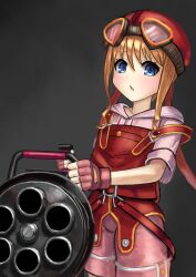  1girl absurdres blonde_hair blue_eyes commentary_request eiyuu_densetsu fingerless_gloves gloves goggles goggles_on_head gritter4asterisk highres holding holding_weapon looking_at_viewer naked_skirt open_mouth overalls pink_shorts red_overalls short_hair shorts simple_background skirt sora_no_kiseki tita_russell tool_belt weapon 