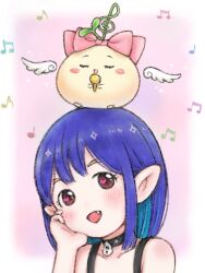  1girl beamed_eighth_notes black_collar blue_hair blush_stickers bob_cut bow brown_eyes collar commentary_request eighth_note fang hair_behind_ear head_rest heart heart_in_eye indie_virtual_youtuber landi_saku_(vtuber) lock medium_hair microphone multicolored_hair musical_note nail_polish on_head open_mouth padlock pink_bow pointy_ears portrait quarter_note smile symbol_in_eye treble_clef two-tone_hair yug_(ekaki) 