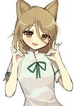  144udy 1girl :d absurdres animal_ears blush brown_eyes double_fox_shadow_puppet flat_chest fox_ears fox_shadow_puppet green_ribbon hair_between_eyes hands_up highres kudamaki_tsukasa light_brown_hair looking_at_viewer medium_hair open_mouth ribbon short_sleeves simple_background smile solo touhou white_background white_romper 
