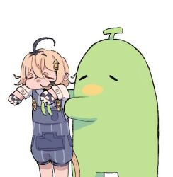  addendium blonde_hair blue_overalls closed_eyes dooby gloves green_neckerchief jerboa jerboa_tail kippu_(dooby) multicolored_hair neckerchief outstretched_arms overalls shirt short_eyebrows short_hair streaked_hair tail whistle white_gloves white_shirt 