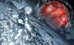  1girl absurdres ass astronaut bodysuit braid braided_base commentary dutch_angle falling_petals feet_out_of_frame field floating_hair flower flower_field from_behind grey_eyes grey_hair grin highres huge_moon looking_at_viewer looking_back makai_no_juumin moon night original outstretched_arms panorama petals ponytail ponytail_with_braided_base red_moon science_fiction smile solo spacesuit spread_arms white_bodysuit white_flower 