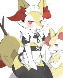  1girl absurdres animal_ear_fluff animal_ears animal_nose apron arm_at_side averting_eyes between_legs black_fur black_ribbon black_shrug black_skirt black_thighhighs blush body_fur braixen clothed_pokemon commentary crossed_arms embarrassed fang flat_chest flying_sweatdrops fox_ears fox_girl fox_tail frilled_apron frills furry furry_female glint hand_between_own_legs high-waist_skirt highres looking_to_the_side maid maid_headdress microskirt multicolored_fur multiple_views neck_fur neck_ribbon nervous open_mouth pokemon pokemon_(creature) puffy_short_sleeves puffy_sleeves red_eyes ribbon samuten5525 short_sleeves shrug_(clothing) shy sideways_glance simple_background sitting skirt snout stick sweat tail thick_thighs thigh-highs thighs waist_apron white_apron white_background white_fur wide_hips yellow_fur 